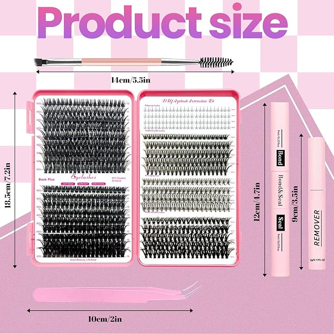 Qiveaory DIY Lash Extension Kit 727 Pcs Individual Lashes Clusters with Bottom Lashes Lash Bond and Seal,Eyelash Remover Tweezers Brush Eyelash Extension Set Lash Books DIY at Home