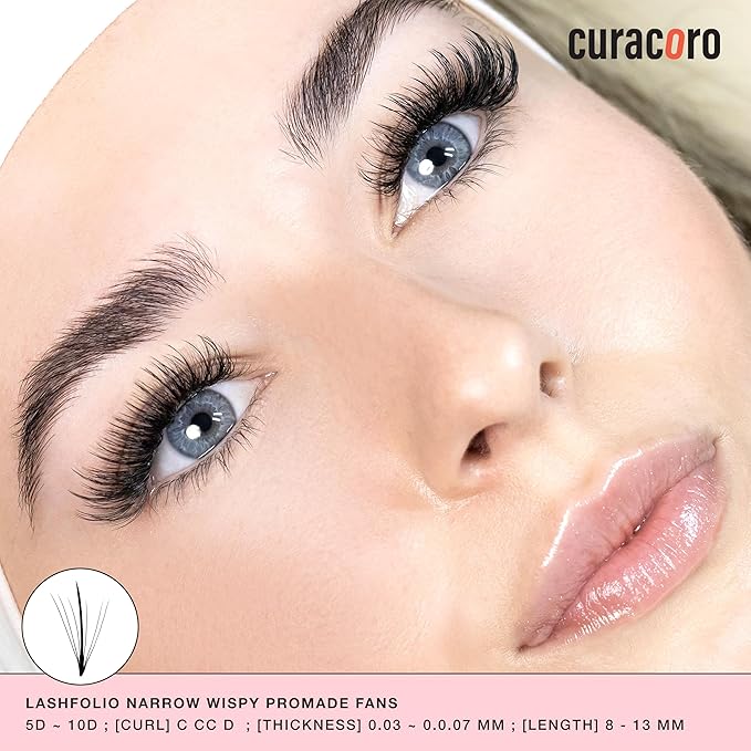 Curacoro LashFolio Narrow Wispy Fans, Handmade Volume Eyelashes, 5D To 10D, C CC D Curl, 0.03~0.07 mm, 8-13mm Mix Length, Professional Long-Lasting Promade Lash Fans (7D-0.05 CC 8mm-13mm)