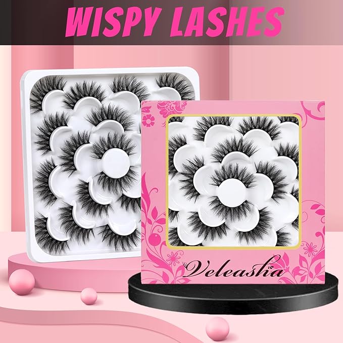 Veleasha Lashes 10 Pairs Natural Fluffy False Eyelashes Soft Wispy Lashes 3D Faux Mink Lashes Pack (V06)
