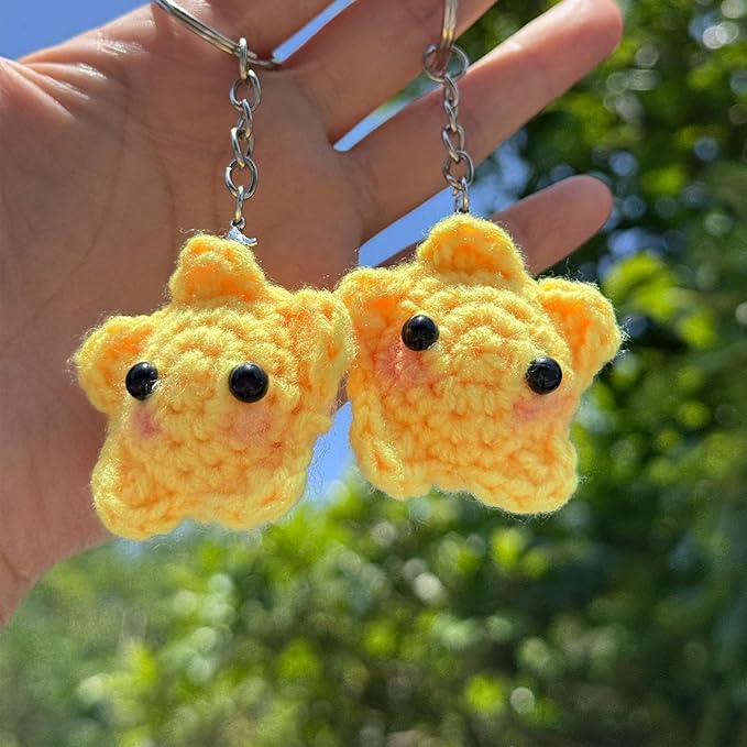 Crochet Star Keychain Handmade Kawaii Blush, Car Key Decor Purse Bag Charms, Pastel Gifts for Women