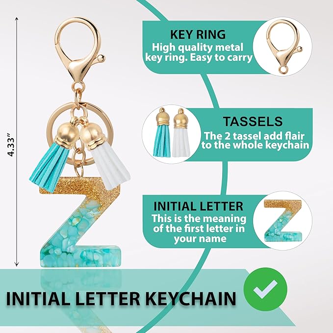 Initial Letter Keychain Cute Resin with 2 PU Tassel, Letter Keychain for Backpack Charms, Initial Keychains for Women