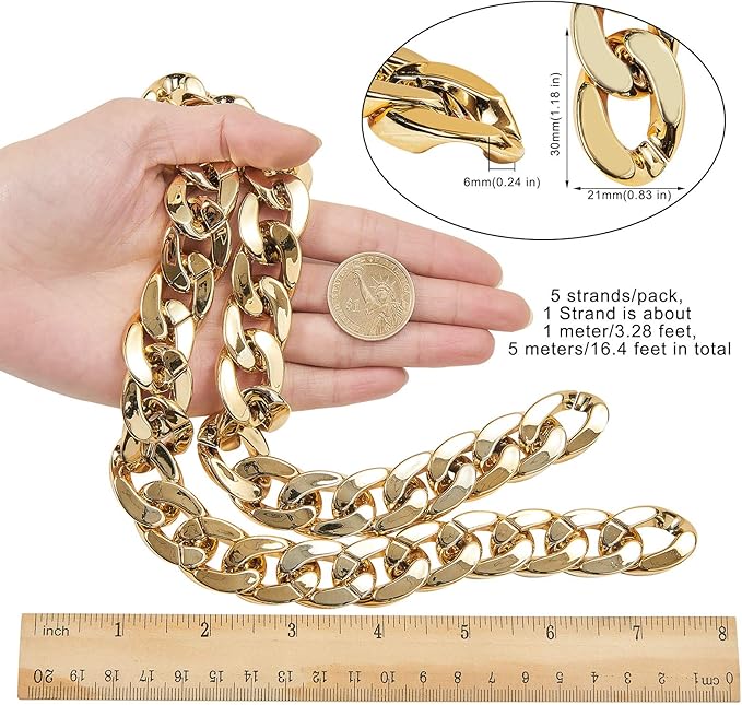 LiQunSweet 5m(16.4 Feet) CCB Plastic Curb Twist Gold Metal Color Linking Chains for Costume Decoration Anti-Lost Glasses Lanyard Rope Bag Strap Jewelry Necklace Making - 30x21mm