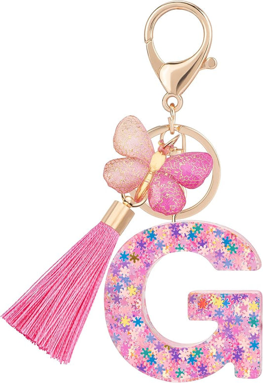 Suweibuke Cute Pink Key Chains for Women Girls, Initial Letter Keychains with Tassel, Charms for Key Purse Handbags Backpacks