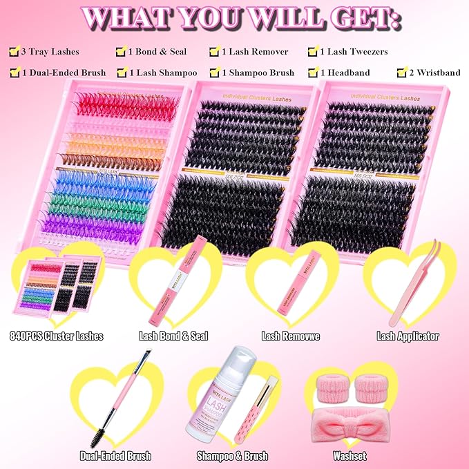 Lash Clusters Kit DIY Lash Extension Kit 3 Boxes Cluster Lashes 840Pcs Cluster Eyelash Extensions Wispy Eyelash Clusters with Lash Bond&Seal,Gift Packs for Beginners Bulk Pack(12 Counts Lash Kit-3)