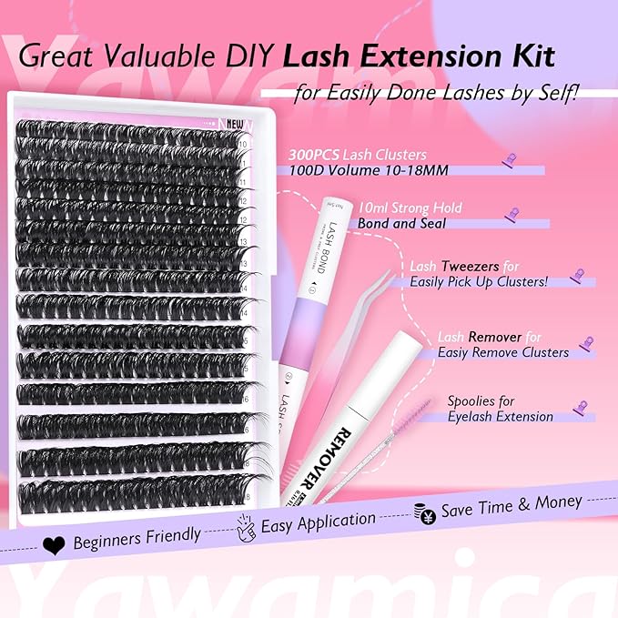 Yawamica Lash Clusters Kit Fluffier Eyelash Extension Kit 100D Thick Volume Individual Lashes 10-18mm 300pcs Eyelash Clusters with Bond and Seal and Lash Remover and Lash Applicator Kit DIY at Home