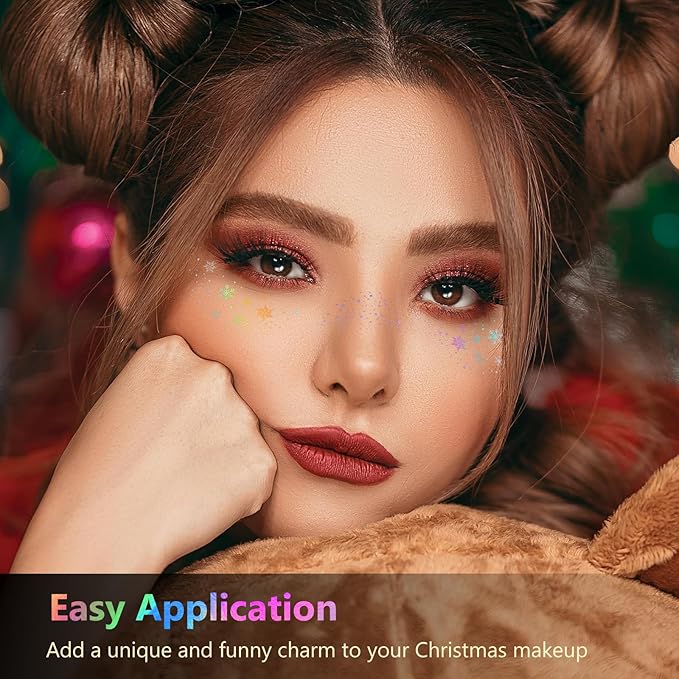 HyperFun 12Pcs Christmas Face Glitter Freckles, Glitter Freckles Face Tattoo Sticker, Holographic Multichrome Waterproof Sparkle Freckles Makeup Patches for Women Rave Festival Accessories Party Prom