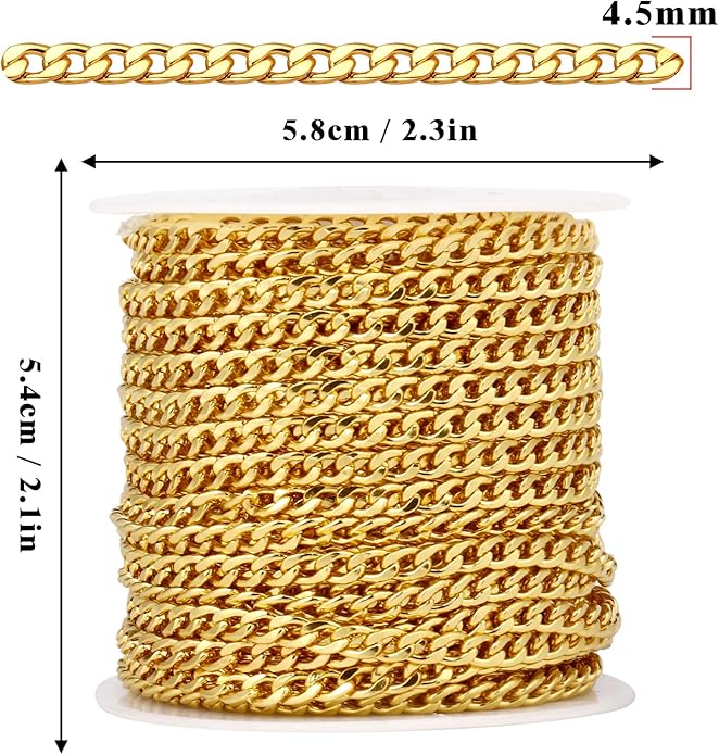 16.5 Ft Stainless Steel Curb Chains, 5mm 6mm 7mm 9mm Cuban Chain Roll Bulk for Jewelry Making