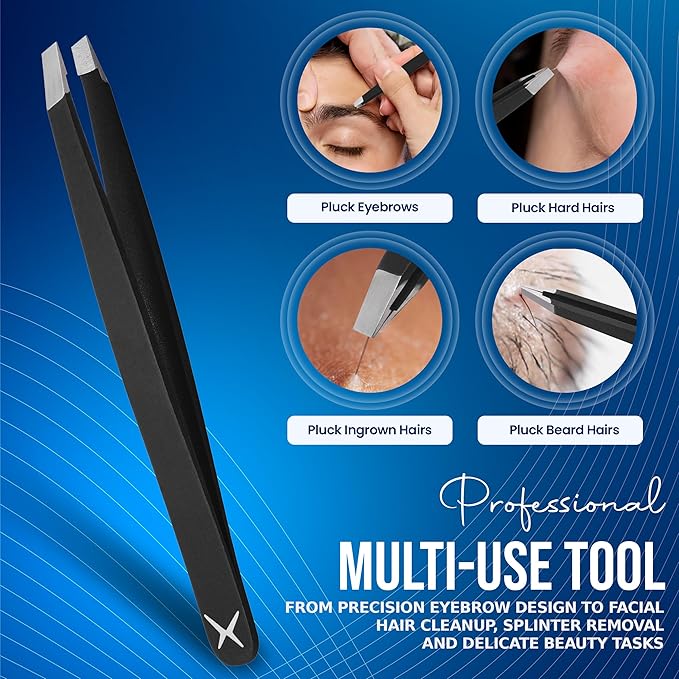 Slanted Stainless Steel Tweezers for Men & Women - Precision Eyebrow Tweezers for Facial Hairs, Strong Grip, Fine Tip, Professional Tweezer for Plucking & Grooming (Matt Black)