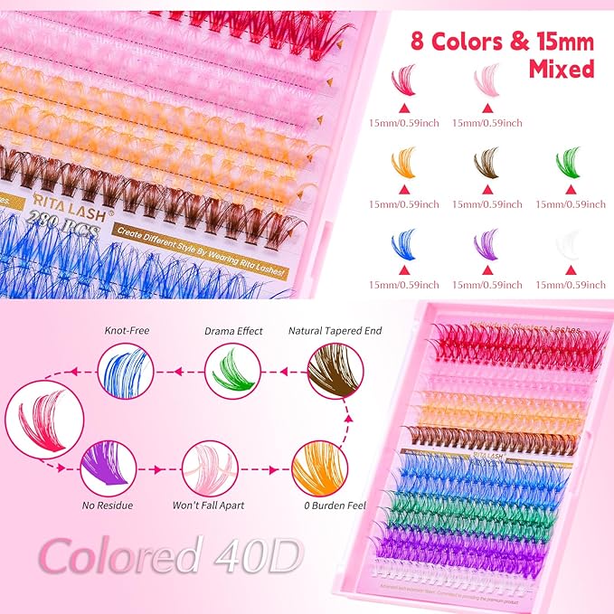Lash Clusters Kit Eyelash Clusters Kit Cat Eye Lashes Cluster Eyelash Extensions Large Pack Colored Lash Extension Kit Pestañas Postizas Naturales+Lash Bond&Seal,Remover,Tweezers,Cleanser(Lash Kit-7)
