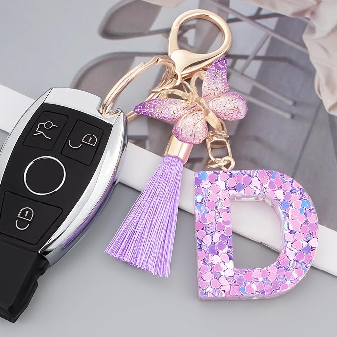 Initial letter Keychains for Women Girls Tassel Butterfly Cute Keychain for Wallet Backpack charm