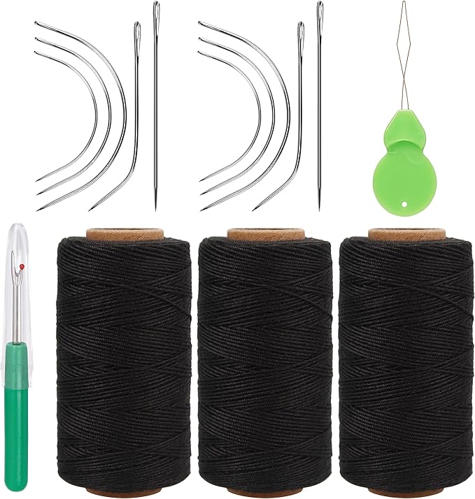 Lusecarl Needle and Thread for Hair Extensions 3 Rolls Hair Weave Sewing Threads with 10 Pcs C J I Shape Curved Upholstery Needles for Hand Sewing, Hair Extensions, Making Wigs DIY (10+3, Black)