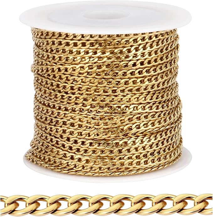 [33FT] 18K Gold PVD Plated Curb Chains for Jewelry Making, 2.5mm Wide 304 Stainless Steel Cuban Link Chain Roll Bulk for DIY Jewelry Making Craft