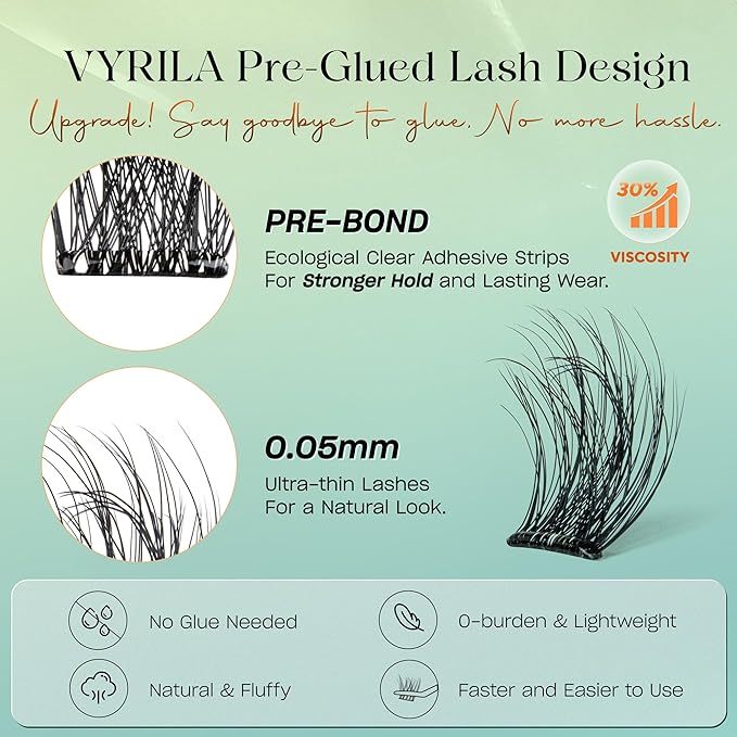 VYRILA Self-Adhesive Lash Cluster Kit, Pre-Glued Clusters with Tweezers, Pop-On Faux Eyelashes, 3D Thin Band D Curl Natural Look Lahses, Easy to Apply, Reusable Eyelash Extensions (Muse-10-16-Kit)