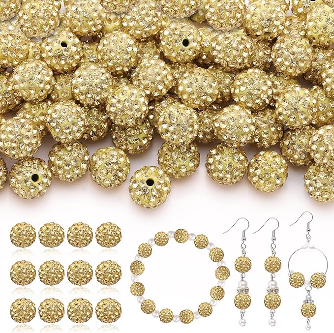 200 Pcs Light Yellow Rhinestone Beads for Jewelry Making, Sparkle Crystal Clay Christmas for Bracelet Baseball Necklace Earring Crafting and DIY, Shiny Round Shamballa Disco Ball Beads Bulk