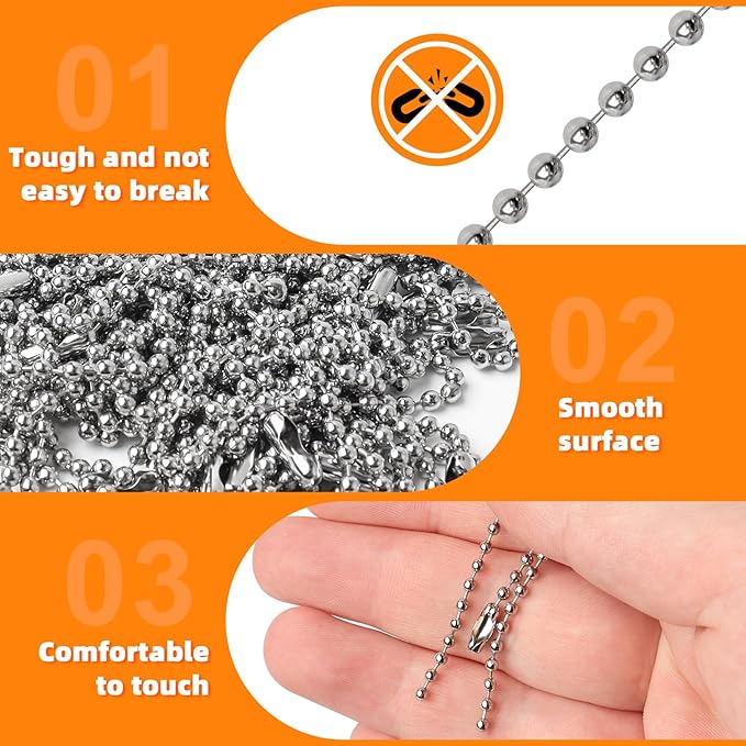 200 pcs 100 mm Long Bead Connector Clasp Ball Chains Keychain Tag Keychain Ball Chain 2.4 mm Diameter Adjustable Antiqued Metal Bead Steel Chain