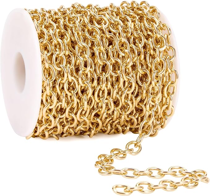BORUINIE 33 Feet Gold Rolo Chains Aluminum Oval Link Chain Roll Bulk for DIY Jewelry Making