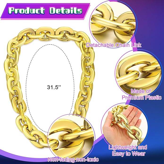 Remuuly Plastic Chain Necklace Chunky Big Fake Necklace Hip Hop Rapper Giant Turnover Chain Costume for Halloween