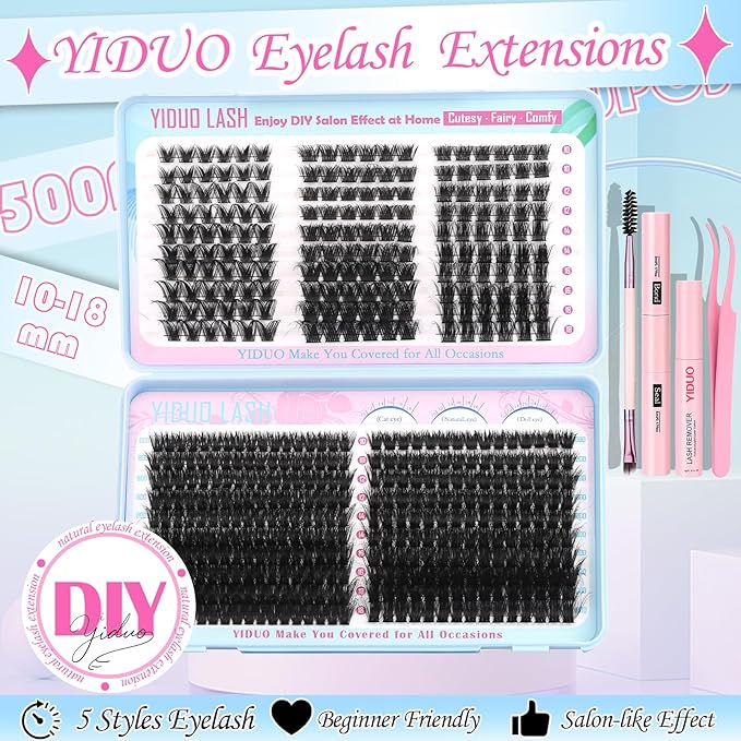 YIDUO 5 Styles Eyelash Clusters Kit 80D 100D Volume D Curl Wispy Individuals lash Extensions Kit, Volume Studio Effect, Fake Eyelashes 500Pcs All-in-1 Pack with Glue |Tweezers |Removers |Brush