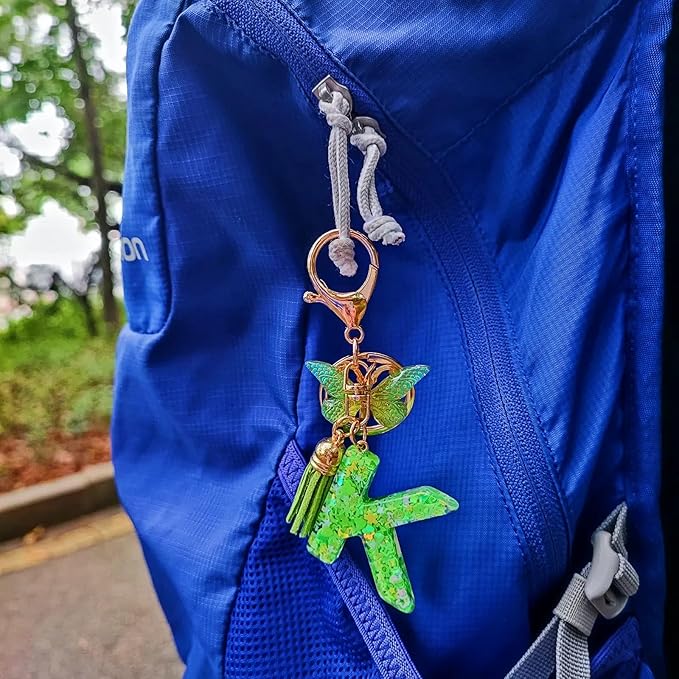 Cute Initial Letter Keychains for Women Girls Tassel Butterfly Pink Purple Green Keychain for Backpack School Bag