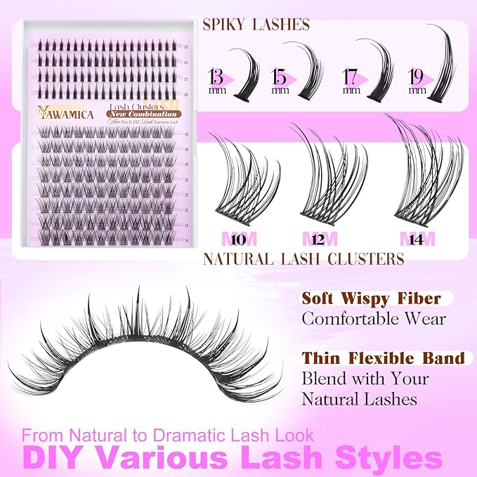 Natural Lash Clusters with Spikes Wispy Eyelash Clusters C Curl Eyelash Extensions 10-14mm Individual Lashes with Lash Spikes 13-19mm DIY Manga Lashes Extension Look by Yawamica