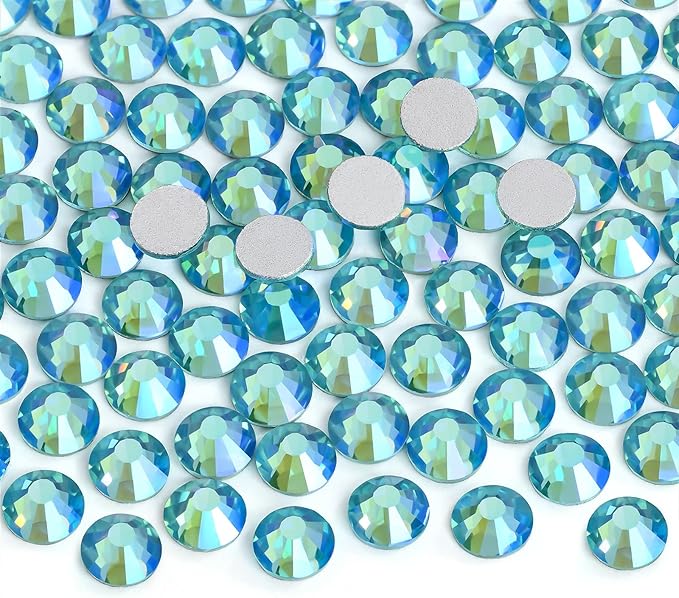 Jollin Glue Fix Crystal Flatback Rhinestones Glass Diamantes Gems for Nail Art Crafts Decorations Clothes Shoes(ss16 1440pcs, Aquamarine AB)