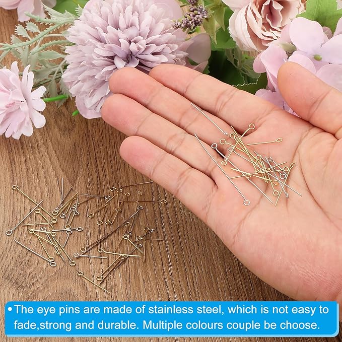 PATIKIL 200Pcs 304 Stainless Steel Jewelry Eye Pins 25mm 22 Gauge Gold Open Eye Pins for Jewelry Making DIY Craft Necklaces Bracelets Earrings