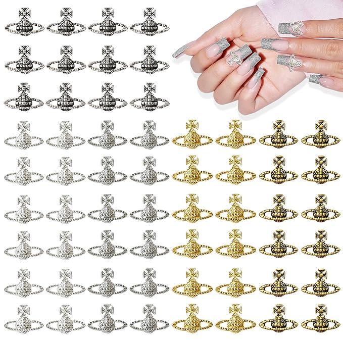 60 Pcs Planet Nail Charms, CYHYII 3D Y2K Nail Art Charms Metal Punk Vintage Saturn Shape Nail Accessories for Women Girls Nail Art Design DIY Craft Crystals Jewelry(5 Colors)