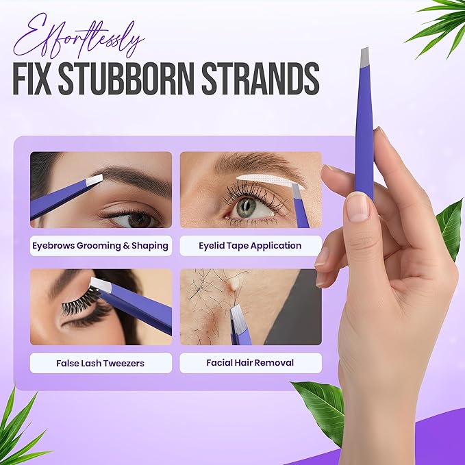Stainless Steel Mini Slant Tweezer - Professional Precision Eyebrow Tweezers for Women & Men, Rust-Proof Travel Grooming Tool for Facial Hair Removal, Chin Hair & Ingrowns (Purple)