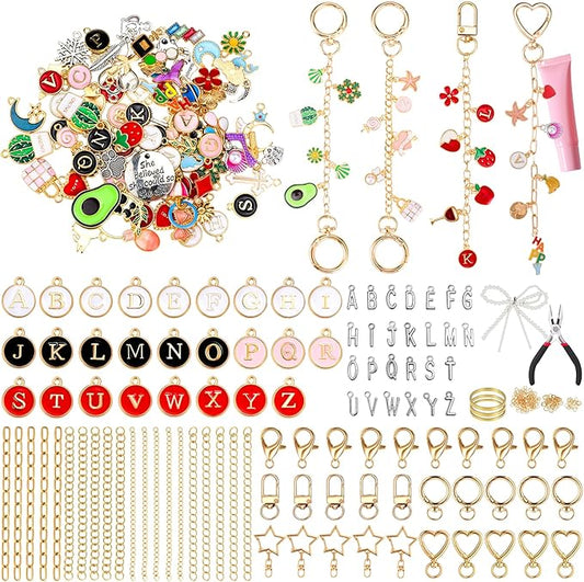 DRHWEFSQ 325Pcs Lipgloss Keychain Making Kit, DIY Jewelry Supplies with 118 Charms, 25 Extender Chains, 30 Clips, 150 Jump Rings & Plier for Custom Keychains, Bags, Handmade Gifts