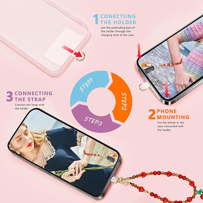 Marble Beaded Phone Wrist Strap,Detachable Phone Bracelet Strap with Tether Tab,Hands-Free Wristlet Strap (Sweet Cherries)