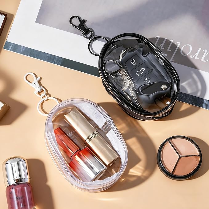 2pcs Clear Keychain Pouch, Portable Mini Zipper Case Makeup Bags with Hook, Small Waterproof PVC Figure Display Pouch Travel Cosmetic Case for Organizing Keys Lipstick- Black & White