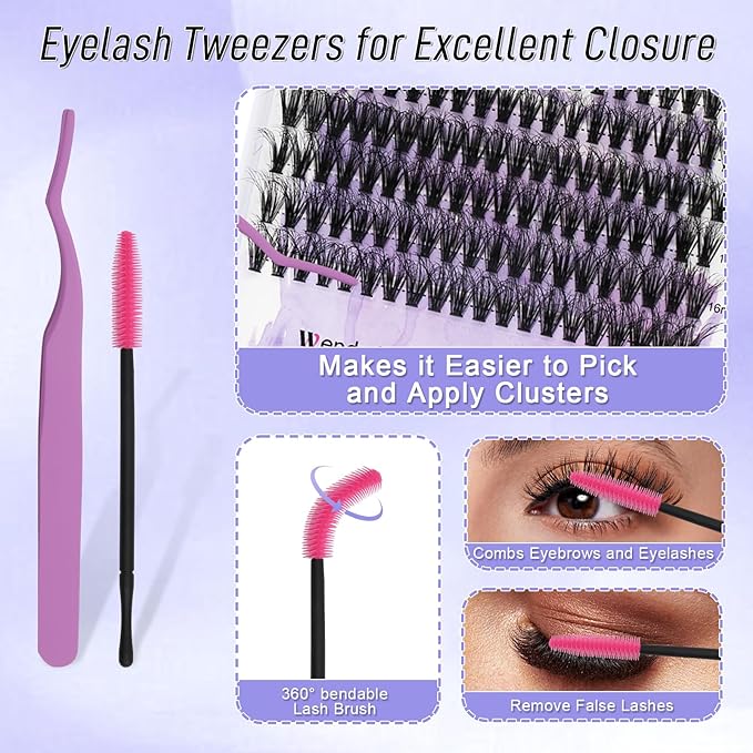 Lash Clusters Kit for Using at Home: Ultra-light, DIY, Natural, Fluffy, Wispy, Waterproof, Anime, Manga, Cat Eye, 3D Curl, 12-16mm, 60P+80P, Wendy, RT318