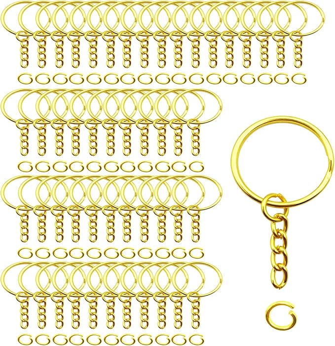 50Sets 1 inch Keychain Rings Golden Split Round Key Ring with Chain and Open Jump Rings for DIY Keychain Making Crafts