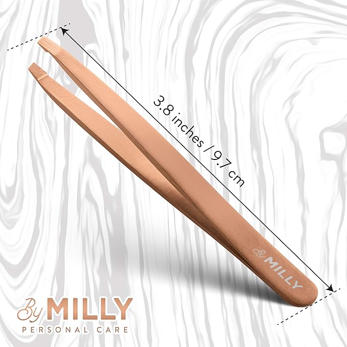 By MILLY Professional Slanted Tweezers for Women and Men | High Carbon Stainless Steel Sharp Tweezer | Tweezers for Women Facial Hair Plucking, Hand-Filed & Aligned Precision Tips - Rose Gold