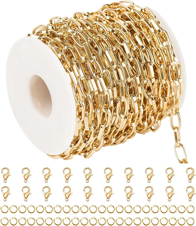 UMAOKANG 10 Meters Paperclip Chain for Jewelry Making Gold Plated Aluminum Jewelry Chains Bulk Unwelded Oval Paperclip Link Chain Necklace Bracelet DIY for Women and Men