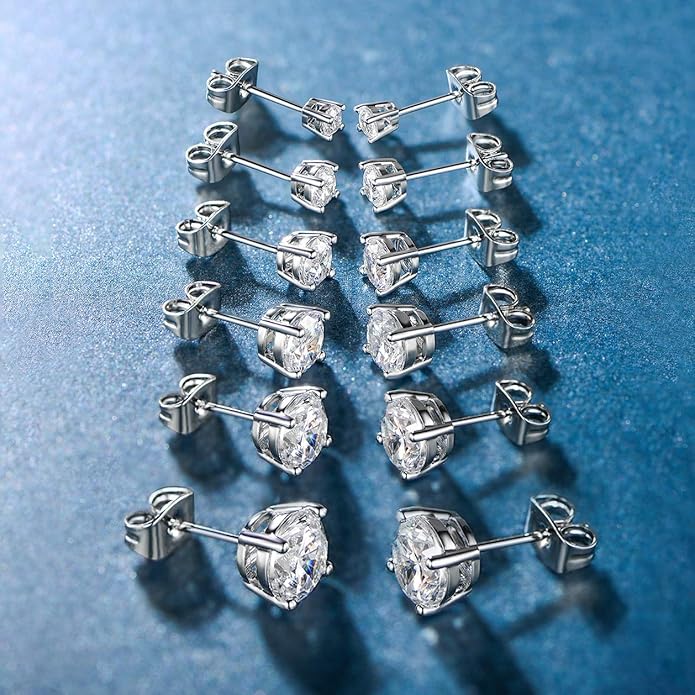 18K White Gold Plated 4 Pong Round Clear Cubic Zirconia Stud Earring Pack of 6 Pairs (6 Pairs)