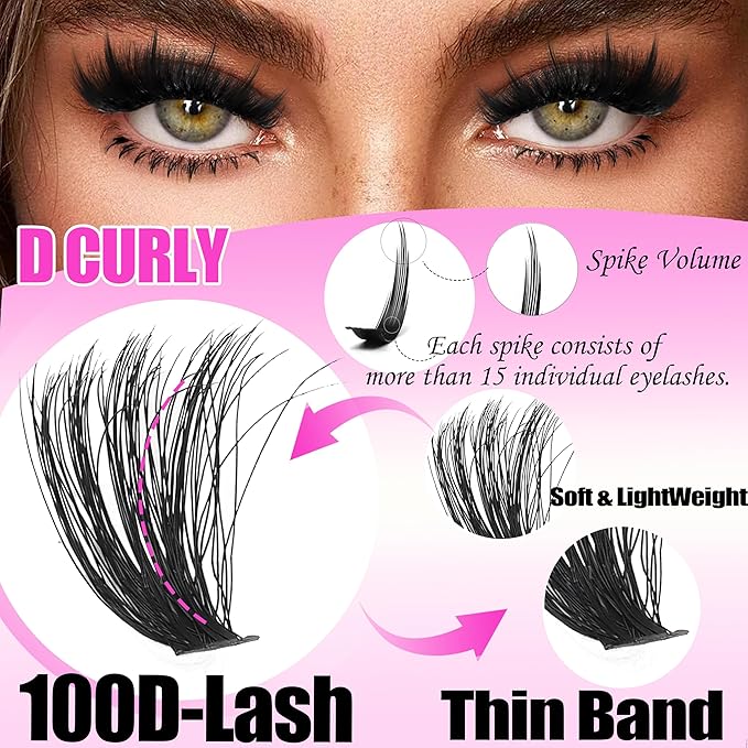 YIDUO 100D Volume Lash Clusters Kit with Long 14-16mm Lashes Spikes+Bottom Clusters Eyelash Extension Kit Thick 248Pcs D-curly Wispy Individual Lash Extensions Kit DIY Spiky Lash Bond and Seal