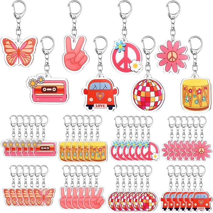 Tondiamo 48 Pcs Groovy Party Favors Keychains Bulk Retro Hippie Peace Daisy Boho Keychains for Spring Summer Groovy Party Birthday Gifts Decorations