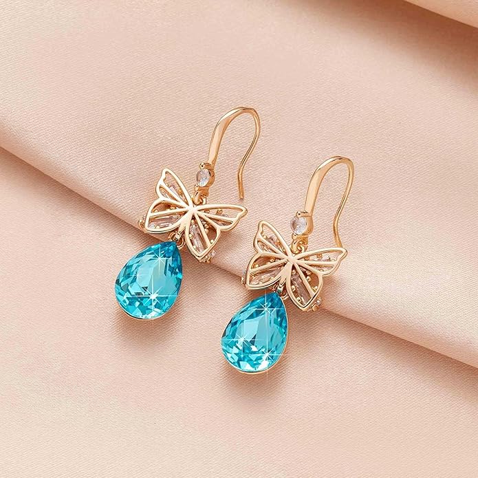 Austrian Crystal Teardrop Butterfly Drop Dangle Earrings for Women 14K Rose Gold Plated Hypoallergenic Jewelry