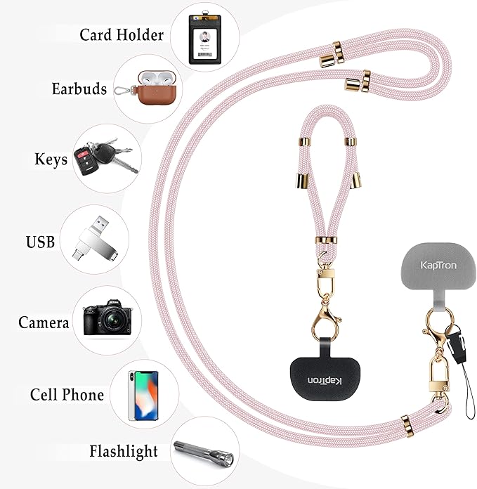 Kaptron 2Pcs Cell Phone Lanyard: Universal Adjustable Crossbody Phone Strap and Wrist Strap, with 2 Lobster Clips and 2 Tether Patches, Compatible with Most iPhone and Android Smartphones (Pink)