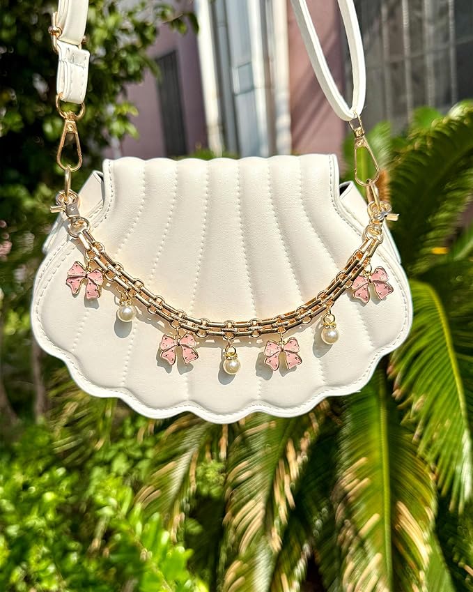 Cute Cherry Bag Chain Keychain with Pearl, Pink Bow Purse Charm, Trendy Handbag Bag Charm Keychain Accessories for Women