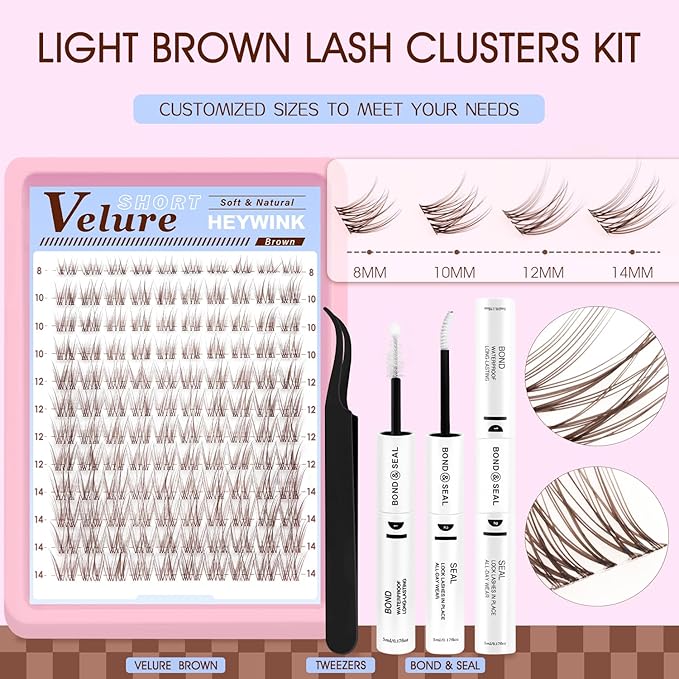 HEYWINK Brown Lash Clusters Kit Velure Lash Extensions Kit Natural Eyelash Clusters Short Lash Cluster 8-14mm Lash Clusters Natural with Invisible Band Individual Lash(Velure-Light Brown)