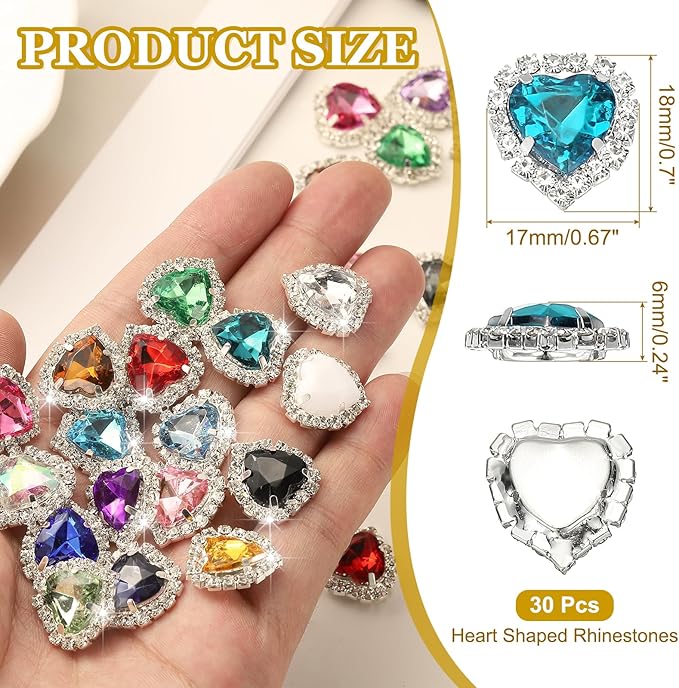 PATIKIL 30PCS Heart Rhinestones, Sew on Rhinestones Buttons Crystal Heart Nail Charm Embellishment Flatback Diamond for Sewing DIY Clothing Wedding, Blue