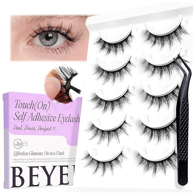 BEYELIAN Self Adhesive Eyelashes Manga Lashes Pre Glued Anime Lashes Wispy No Glue Need Spiky Eyelashes Korean Japanese Asian Cosplay Fake Eyelashes CS120