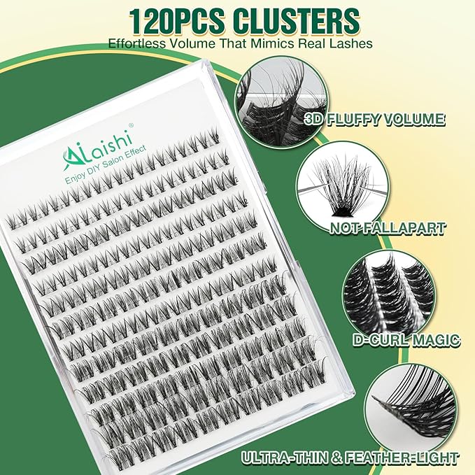 AILAISHI Lash Clusters Kit, DIY 3D Cluster Eyelash Extensions 10‑18mm,120pcs Fluffy D Curl Soft Natural Lashes with Bond and Seal,Remover,Tweezers–Fake Cat Eye Wispy Individual Clusters MIX1-1-L