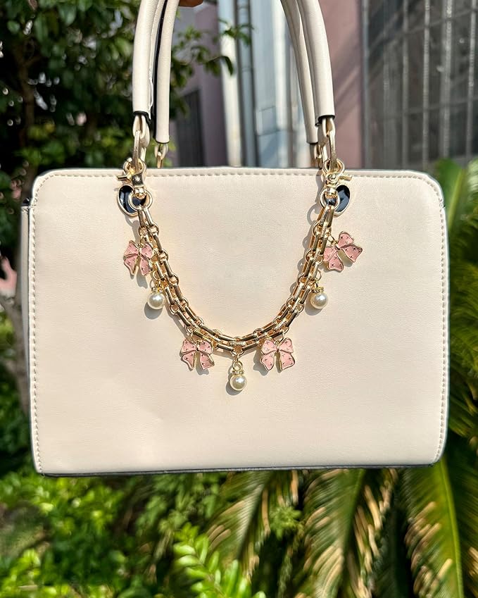 Cute Cherry Bag Chain Keychain with Pearl, Pink Bow Purse Charm, Trendy Handbag Bag Charm Keychain Accessories for Women