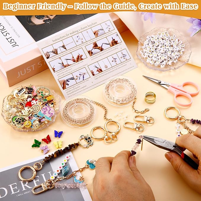 TOHONGADON 674 Pcs Keychain Making Kit, Bag Charm Kit with 3 Kinds of Crystal Stones, 322 Charms, 12 Keychain Clips, Key Ring Jewelry Plier, Extender Chain, Letter Beads for DIY Crafting