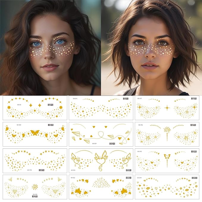 12 Pcs Gold Face Temporary Tattoo Sticker, Glitter Metallic Freckle Face Tattoo Stickers, Glitter Freckles, Sparkle Makeup Patches Face Tattoo for Women Party Decor 655