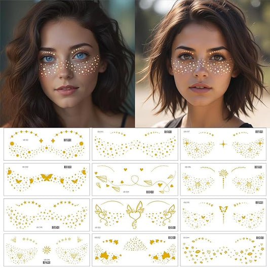 12 Pcs Gold Face Temporary Tattoo Sticker, Glitter Metallic Freckle Face Tattoo Stickers, Glitter Freckles, Sparkle Makeup Patches Face Tattoo for Women Party Decor 655