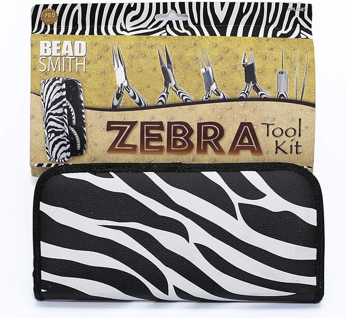 The Beadsmith Zebra Print Tool Kit – 6 Pieces: Chain, Round, and Bent Chain Nose w/Side Cutter, Tweezers, & Reamer with Zippered Pouch, 5-Inch Each